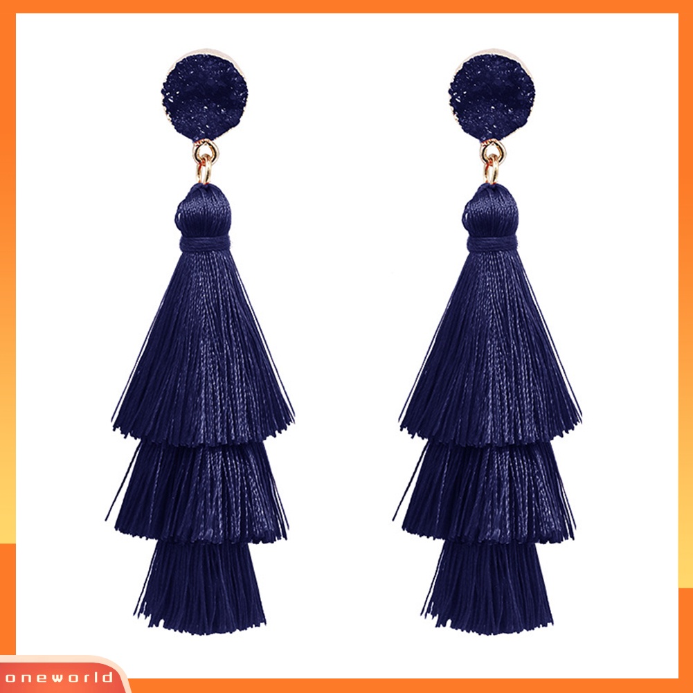 [WOD] Bohemian Wanita Faux Quartz Multilayer Panjang Rumbai Menjuntai Drop Earrings Perhiasan