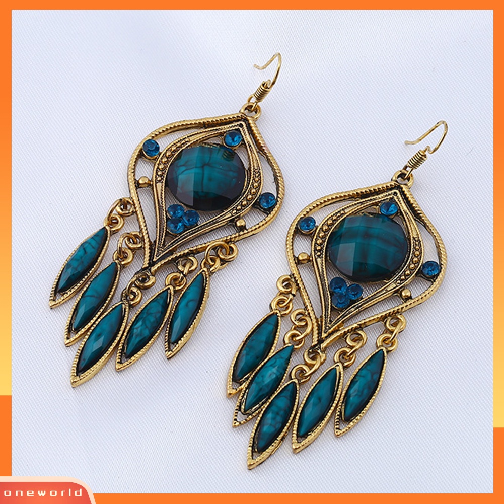 [WOD] Bohemian Wanita Berongga Ukir Panjang Resin Rumbai Menjuntai Kait Anting Perhiasan