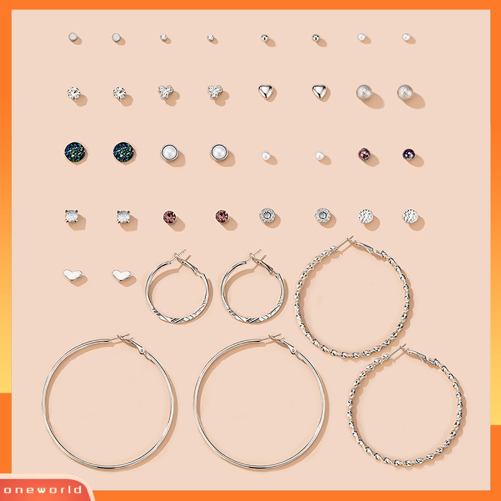 [WOD] 20pasang /Set Wanita Fashion Berlian Imitasi Hati/Circle Ear Studs Earrings Jewelry