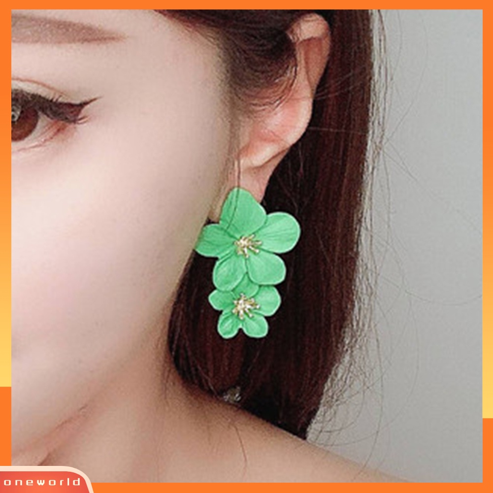 [WOD] Wanita Manis Warna Solid Dual Bunga Panjang Menjuntai Stud Earrings Perhiasan Pesta
