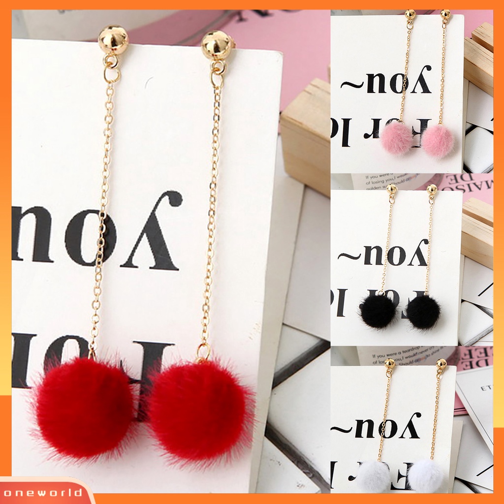 [WOD] 1pasang Anting Wanita Perhiasan Fashion Ringan 5warna Fluffy Ball Anting Menjuntai Panjang Untuk Cocktail