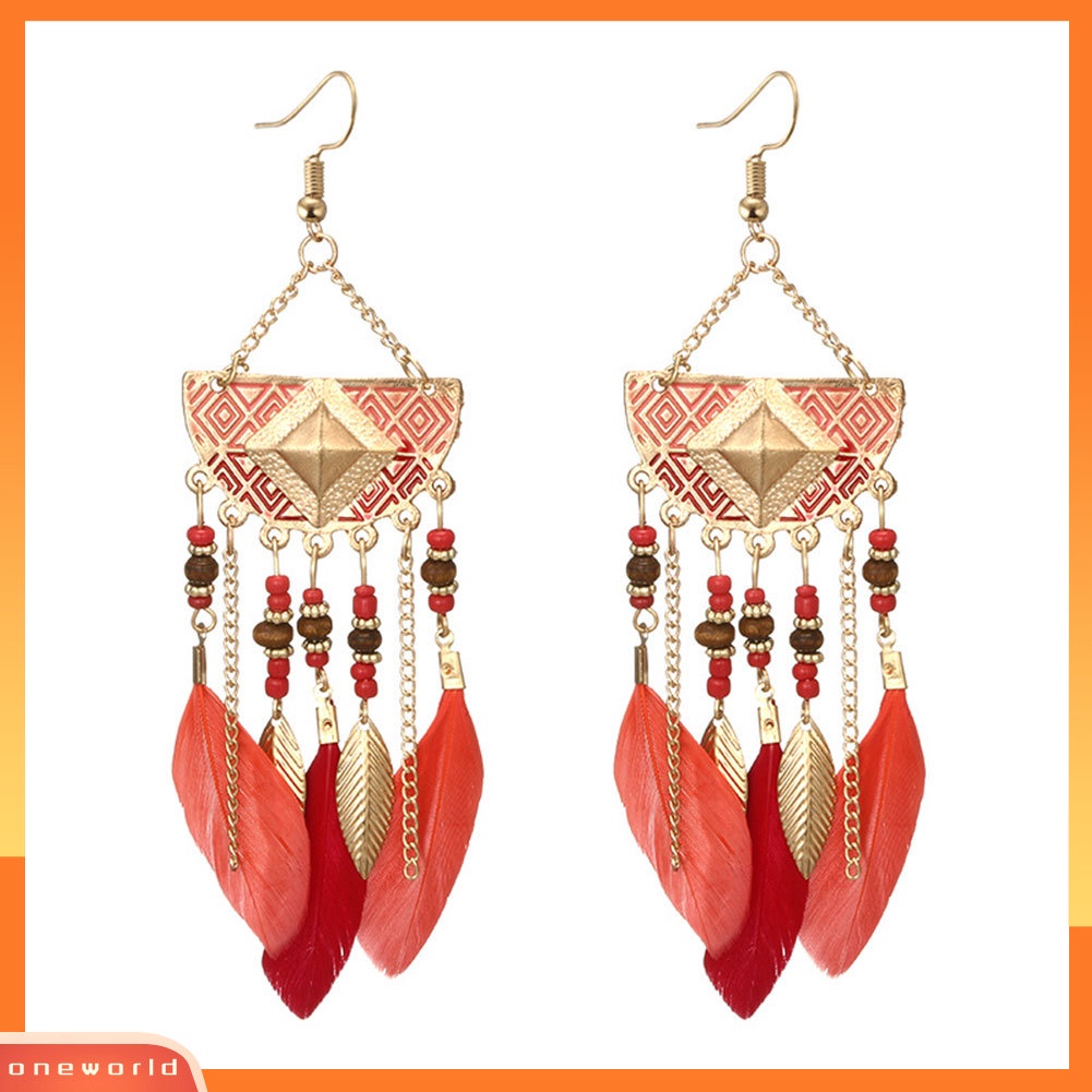 [WOD] Boho Geometris Bentuk Kipas Rumbai Manik-Manik Anting Bulu Statement Lady Ear Hooks