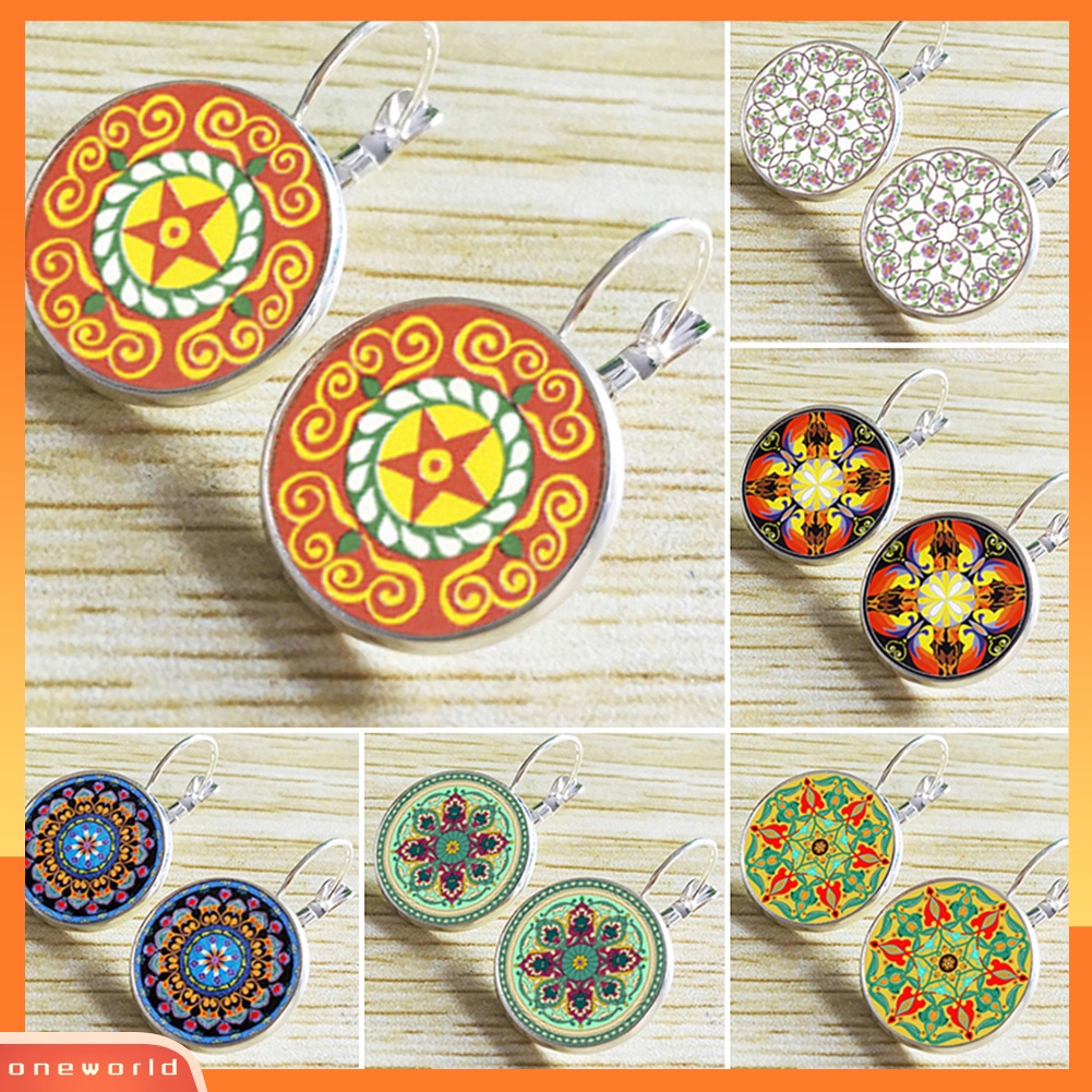 [WOD] Multicolor Mandala Bunga Lingkaran Permata Imitasi Ear Studs Wanita Leaverback Earrings