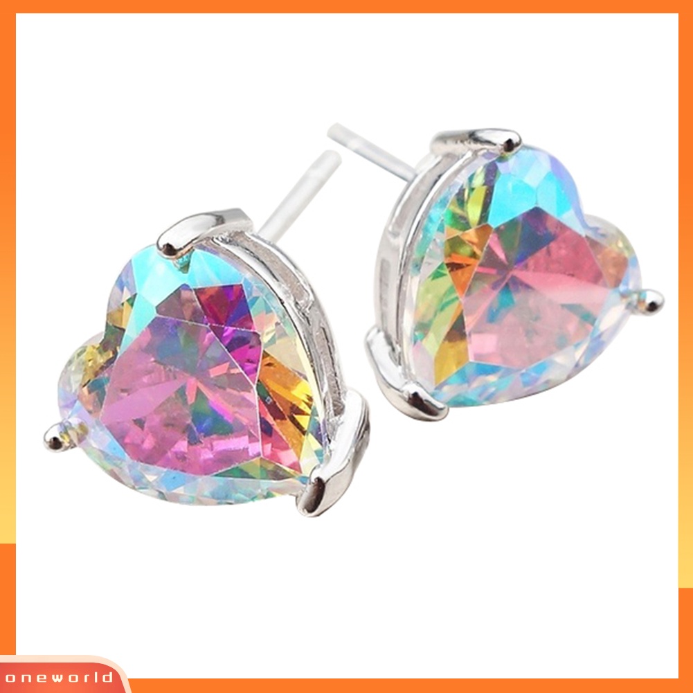 [WOD] Fashion Multi Warna Cubic Zirconia Heart Stud Earrings Wanita Pesta Perhiasan Hadiah