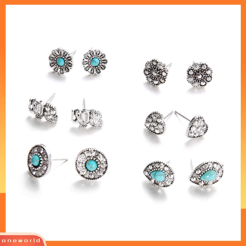 [WOD] 6pasang /Set Boho Gajah Cinta Hati Pirus Stud Anting Wanita Perhiasan Hadiah