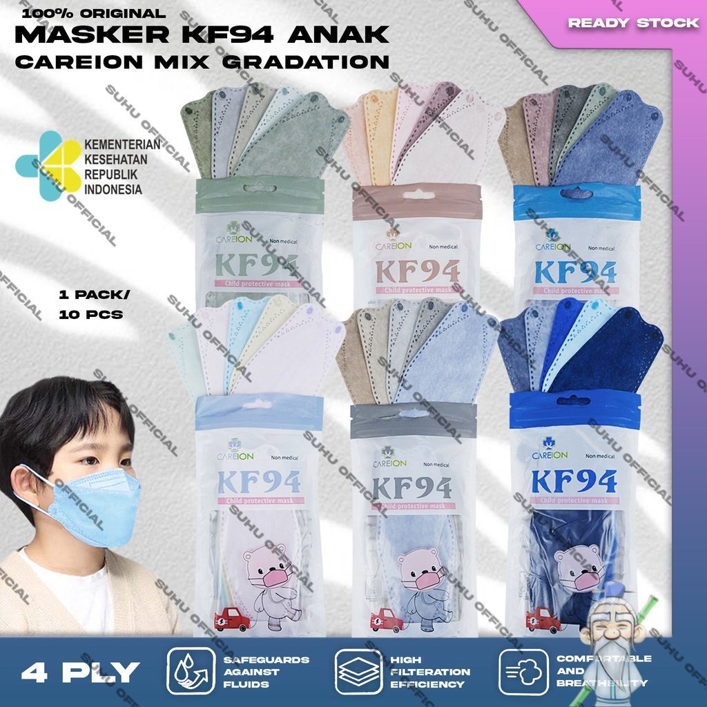 Masker Anak KF94 CAREION 4Ply isi 10Pcs Putih Hitam Abu Warna Motif Korea Earloop Surgical Mask Kemenkes