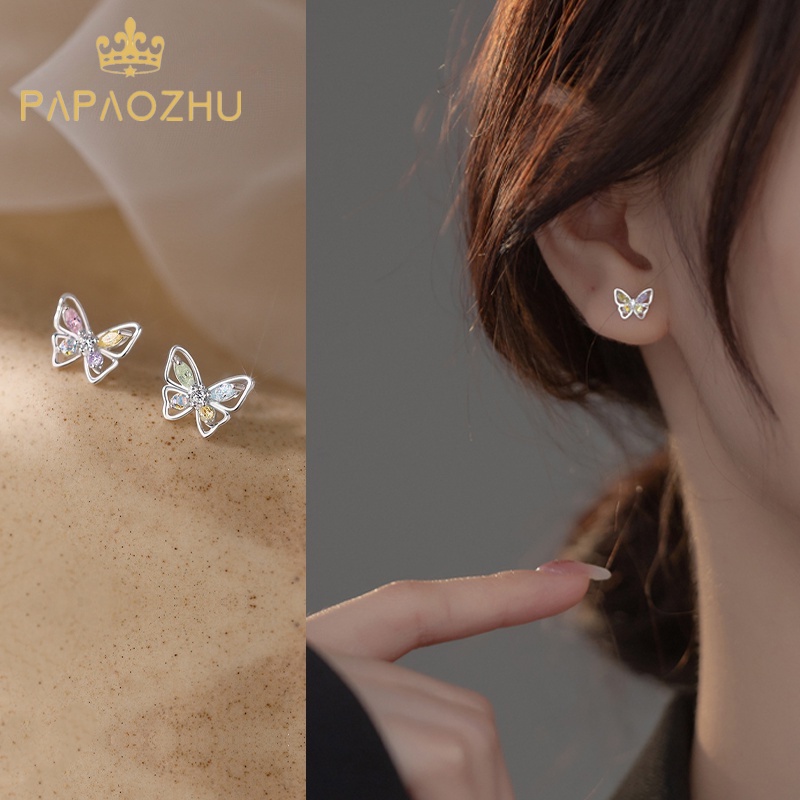 Papaozhu Chic S925 Perak Berkilau Warna-Warni Kristal Kupu-Kupu Stud Anting-Anting Untuk Wanita Perempuan Elegan Bersinar Zirkon Anting Trendi Telinga Perhiasan