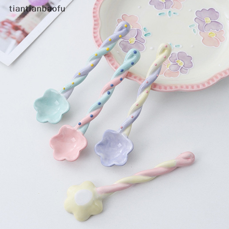 [tiantianbaofu] 1pc Sendok Gagang Panjang Keramik Lucu Es Krim Hand Painted Dessert Spoon Butik