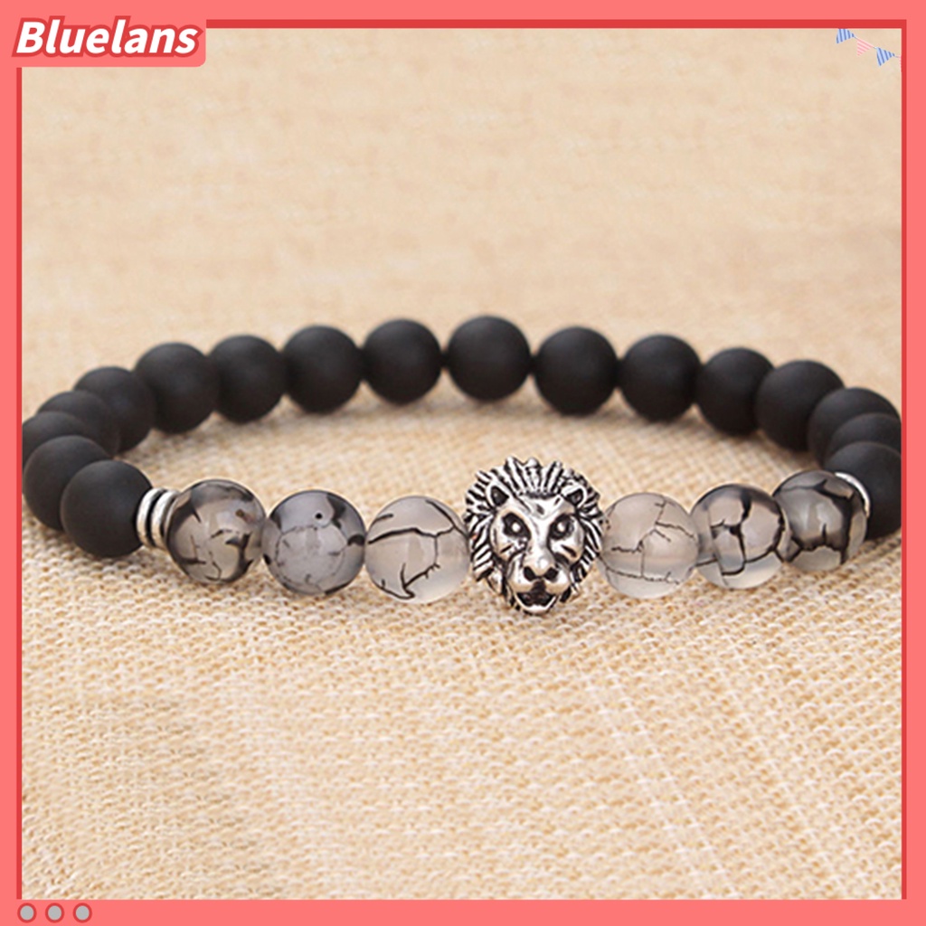 [BLS] Charm Gelang Elastis Adjustable Frosted Stone Silver Lion Beaded Cuff Bracelet Untuk Pakaian Sehari-Hari