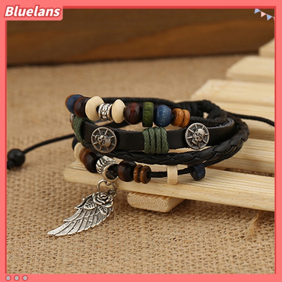 [BLS] Unisex Vintage Multilayer Faux Kulit Sayap Pesona Manik-Manik Kayu Gelang Bangle