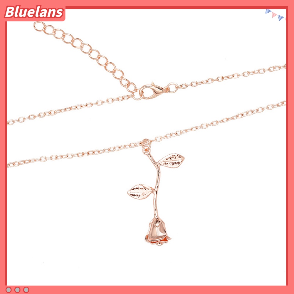 [BLS] Wanita Fashion Mawar Daun Liontin Alloy Rantai Panjang Kalung Pesta Perhiasan Hadiah