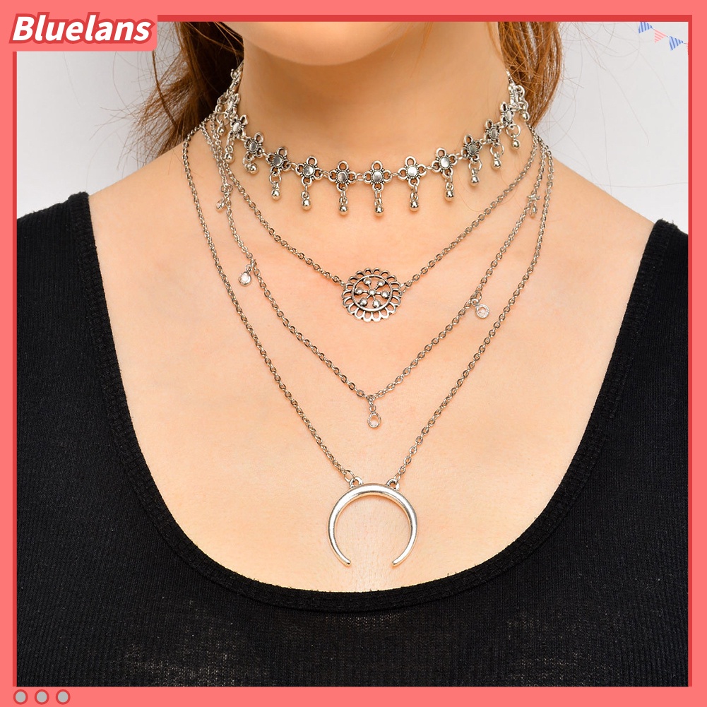 [BLS] 1pc Vintage Logam Bunga Bulan Liontin Choker Boho Multilayer Kalung Pesona