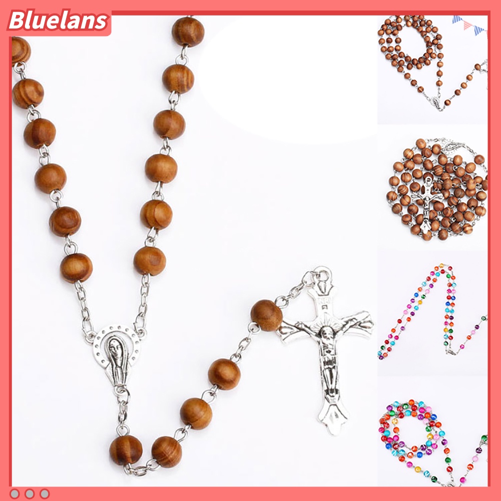 [BLS] Wanita Kristen Katolik Rosario Manik Jesus Cross Pendant Strand Kalung Perhiasan