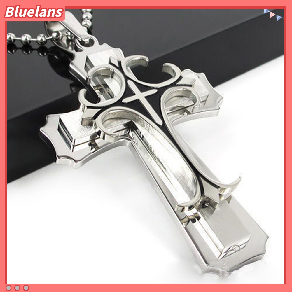 [BLS] 2 Pcs Pria Fashion Berlian Imitasi Bertatahkan Yesus Salib Liontin Rantai Kalung Hadiah