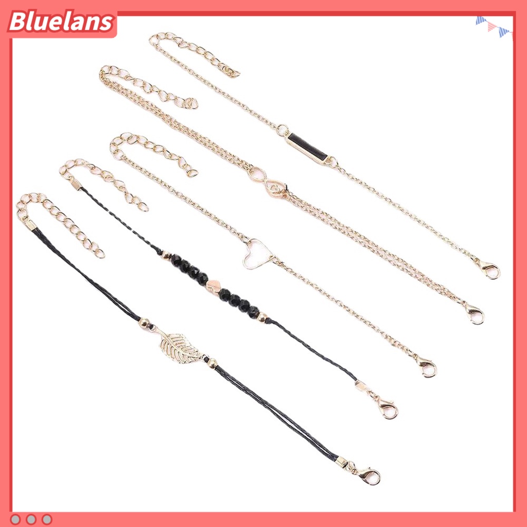 [BLS] 5pcs /Set Gelang Rantai Beberapa Lapisan Handmade Tali Kombinasi Fashion Boho Geometris Daun Manik-Manik Berlapis Tangan Rantai Perhiasan Aksesori