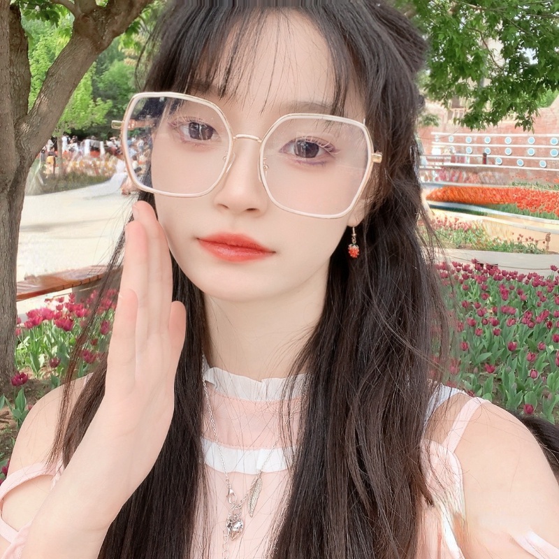 (YUZHU) Korean Fashion Fine Flash Anti Blue Light Eyeglasses Cream White Oversized Frame Eyeglasses Untuk Wanita