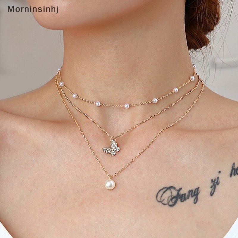 Mornin Mutiara Kupu-Kupu Kalung Elegan Multi Layer Liontin Emas Rantai Choker Aksesoris Wanita Perhiasan id