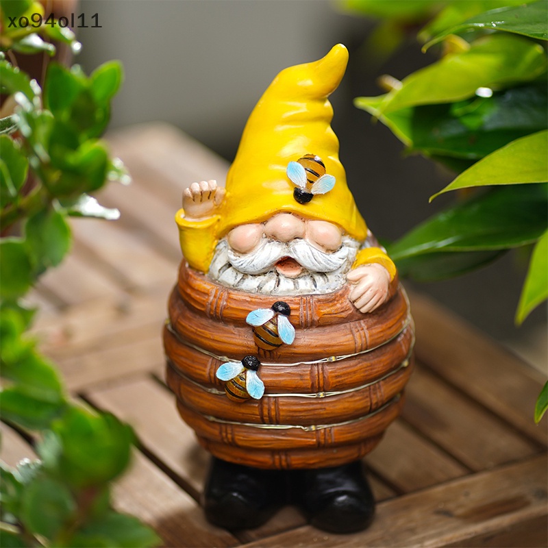 Xo Patung Gnome Dekorasi Taman, Patung Gnome Surya Lebah Dekorasi Dalam Ember Resin OL