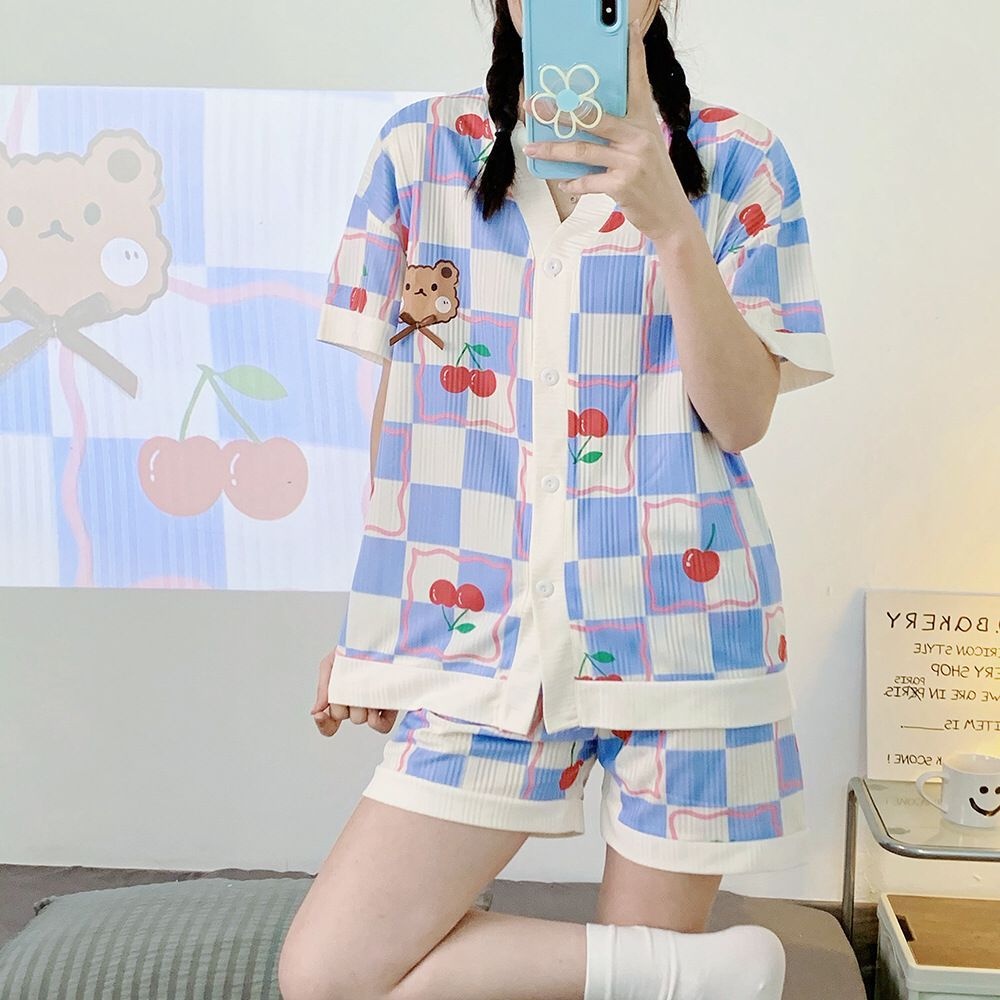 TOPGROSIR TG1732 Baju Tidur Piyama Set Wanita Import High Quality Premium Motif Square Kartun Lengan Dan Celana  Pendek