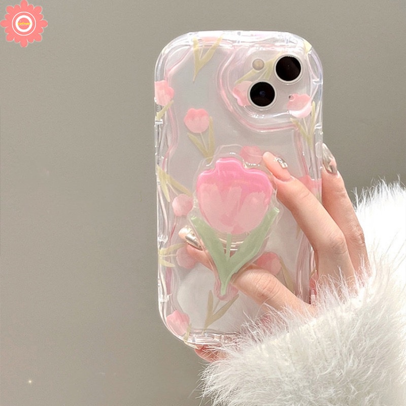 Bunga Segar Tulip Soft Case Untuk Redmi 9A A1 10C 10 9T 9 10A A2 9C NFC Redmi Note12 11 9 8 10s 11s 10 Pro Max POCO M3 3D Wavy Curved Edge Cover with Flower Stand Holder Bracket