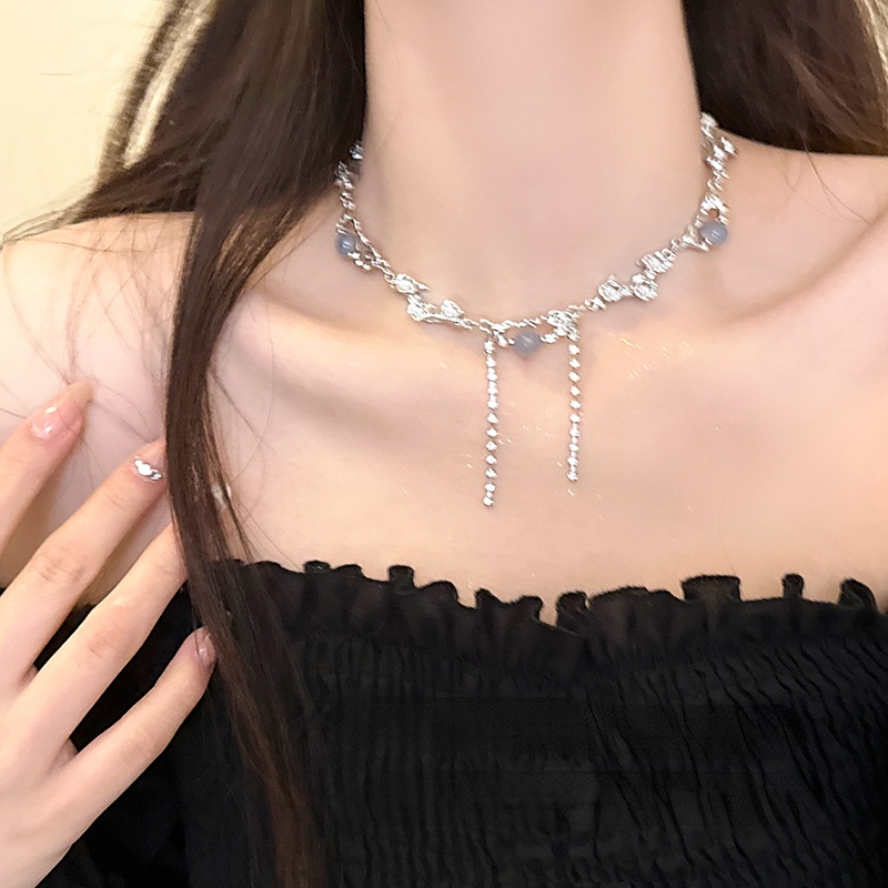 Kalung Zircon Batu Bulan Putih Choker Rantai Klavikula Untuk Gadis Manis Keren