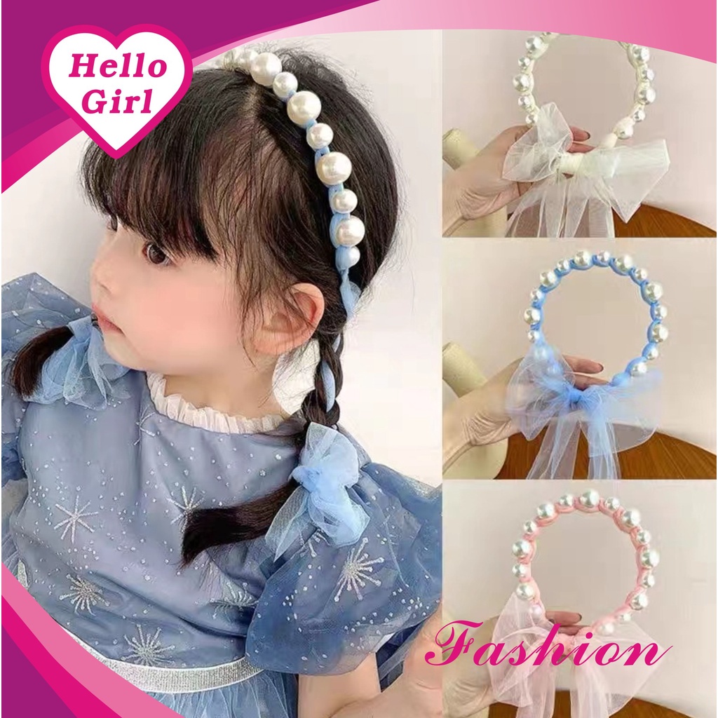 B11 Bandana Mutiara Pita Tulle Panjang Bisa diikat Gaya Korea Bando Anak Import