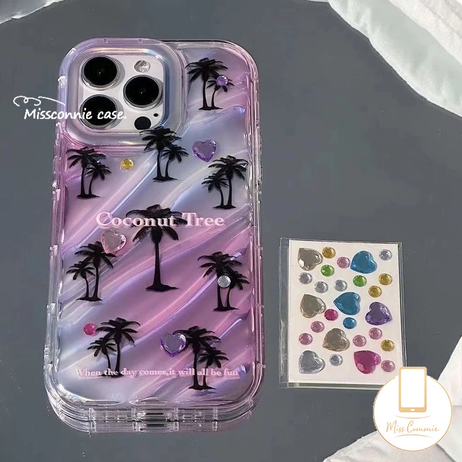 Ins Musim Panas Pohon Kelapa Gradien Warna Laser Card Case Kompatibel Untuk IPhone 7Plus 8Plus 11 13 14 12 Pro MAX 6 6S 7 8 Plus XR X XS MAX SE 2020kreativitas 3D Stereo Corrugation Cover