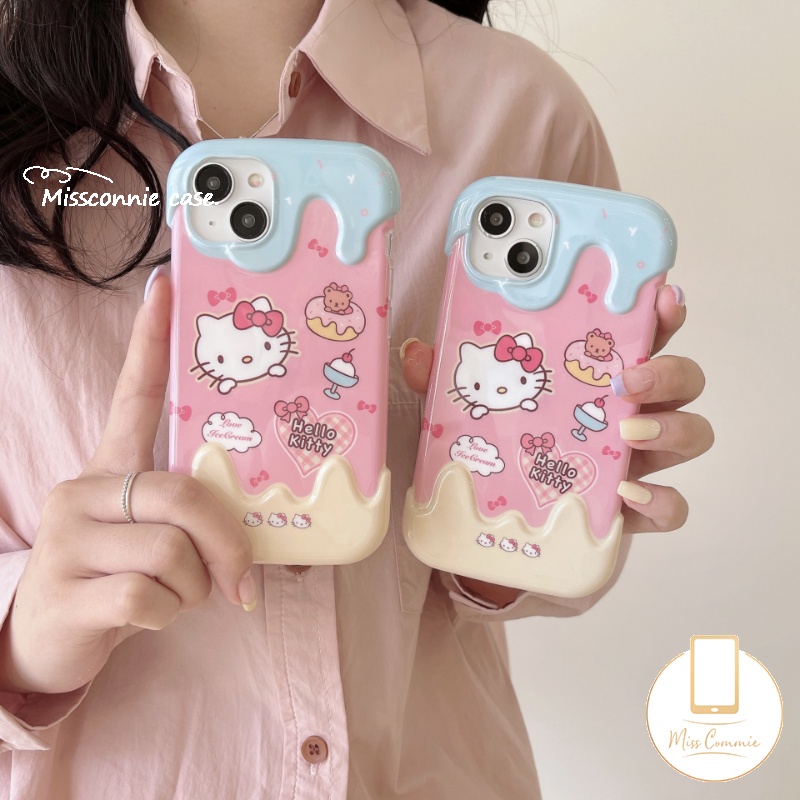 IPHONE Kreatif Permen 3D Ice Cream Case Kompatibel Untuk Iphone11 14 12 13 Pro Max 7Plus XR X XS Max7 8 Plus Kartun Lucu Hello Kitty Cinta Hati Kue Beruang Lembut Tpu Cover