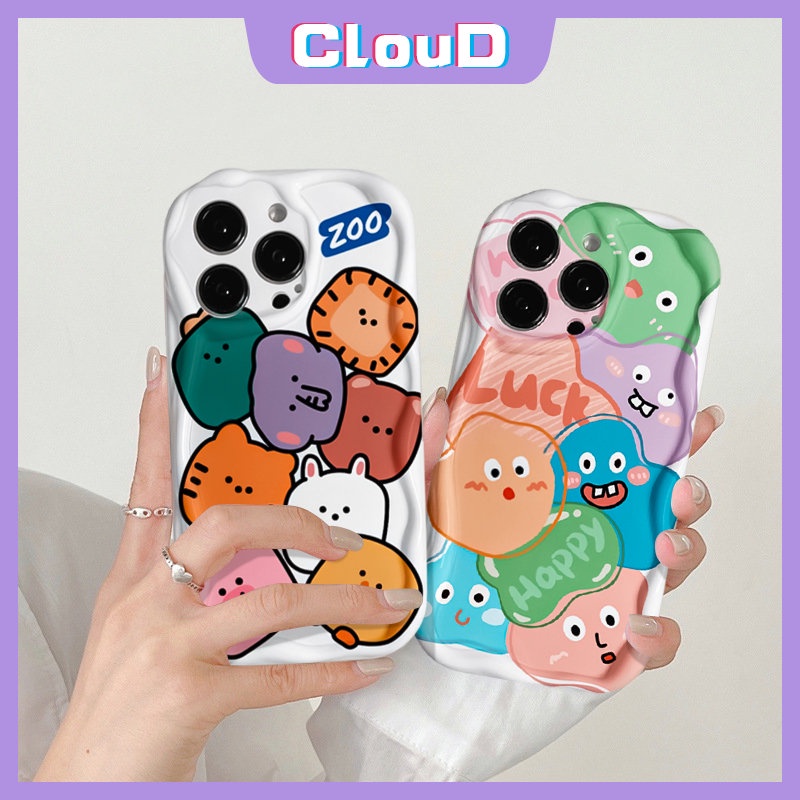 IPHONE Case Kompatibel Untuk Iphone6 7 6s 8plus X XS Max SE 2020 11 7Plus 13 14 12 Pro Max XR Lembut Tpu Lucu Graffiti Monster Kartun Baru Hewan Kecil 3D Bergelombang Tepi Melengkung Pasangan Cover