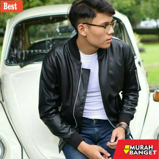 Jaket kulit pria terbaru- Jacket Bomber Kulit Hitam / Bomber Leather Black Premium