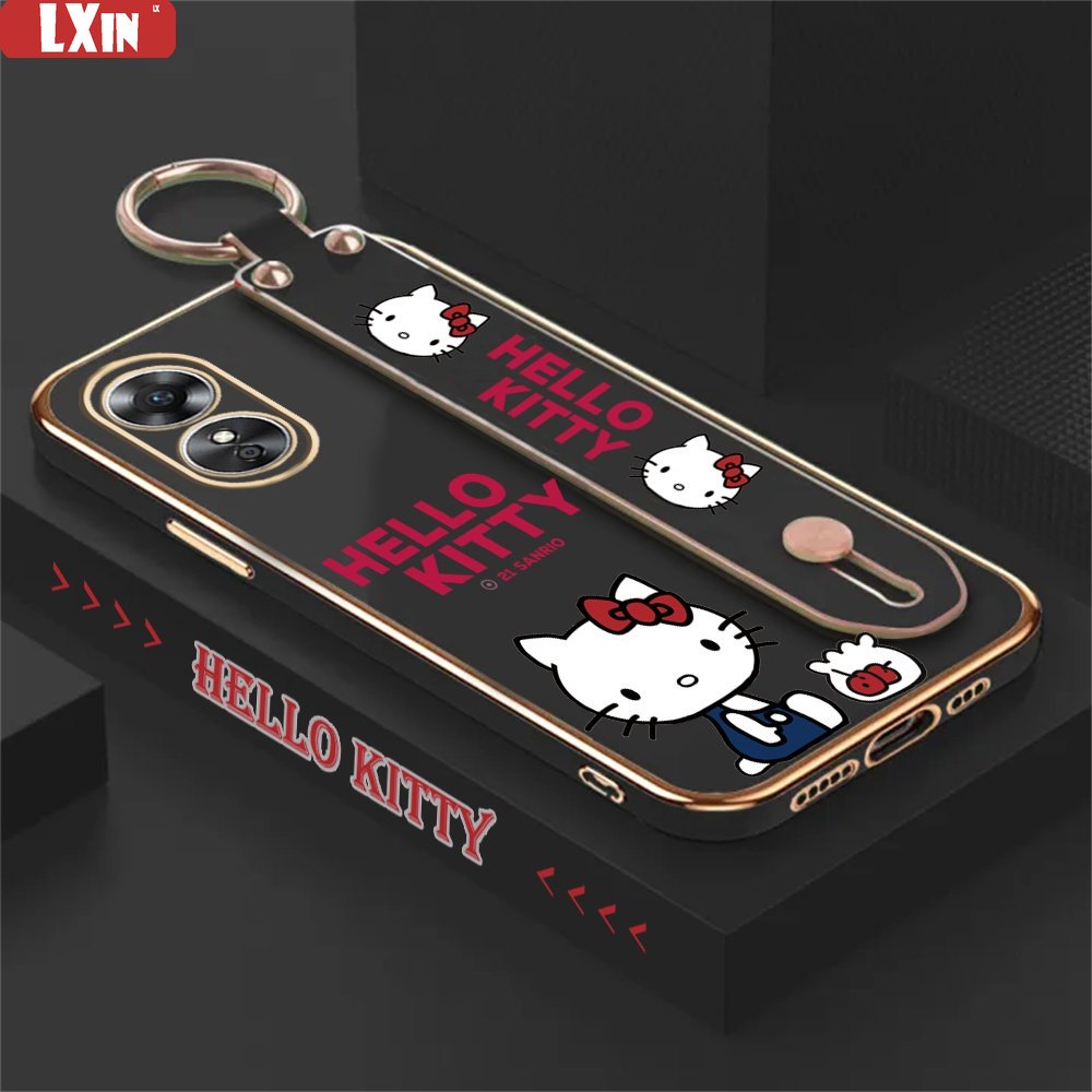 Soft Case OPPO A17 A17K A16K A16e A16 A57 4G A77S A95 A74 A15 A15S A54 A5S A12 A5S A7 A3S A52 A92 A11K A1K Kartun kitty Tempat Stand Lipat Mewah Plating Karet Penutup