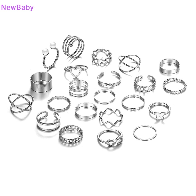 Newbaby 22pcs Set Vintage Berongga Hati Kupu-Kupu Cincin Set Untuk Wanita Logam Warna Perak Geometris Bentuk Spiral Cincin rendy Jewelry ID