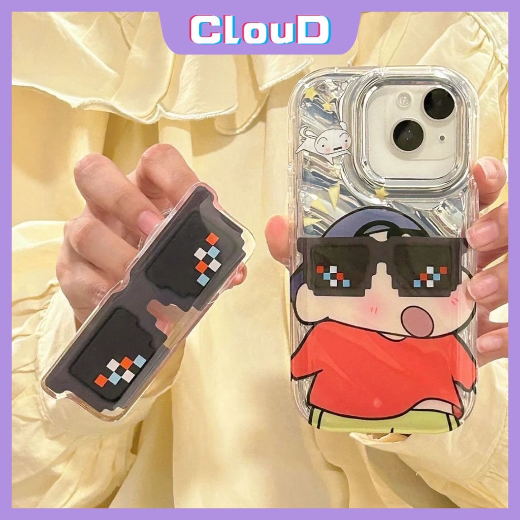 IPHONE Case Kompatibel Untuk Iphone11 14 12 13 Pro MAX Se2020 7Plus XR XS X Max6 6S 8plus Kacamata Hitam Keren Crayon Shin-Chan 3D Stereo Corrugation Mewah Kartu Laser Dazzle Warna Soft Case