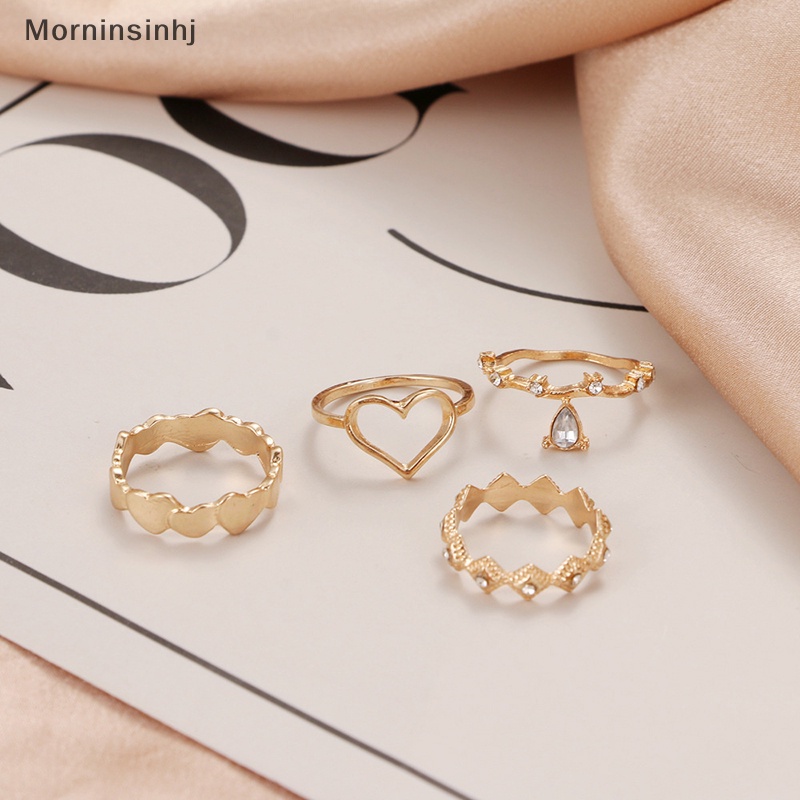 Mornin 4Pcs /Set Korea Fashion Temperamen Berlian Imitasi Geometri Jantung Cincin Set Untuk Wanita Perhiasan id