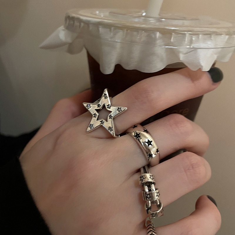 [Fiture] Fashion Sederhana Dapat Disesuaikan Terbuka Rings Rings/Kepribadian Hip Hop Rock Gadis Tidak Teratur Vintage Y2k Aksesoris/Retro Pentagram Bintang Jari Cincin/