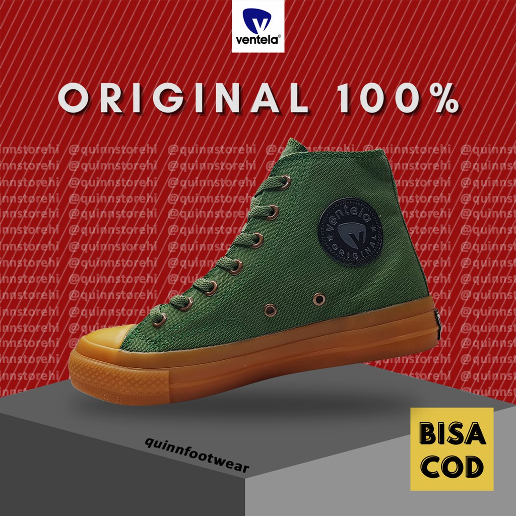 Ventela Original Back To 70s BTS High Army Green Gum Sepatu Wanita Casual Hijau Sneakers Tali Tinggi