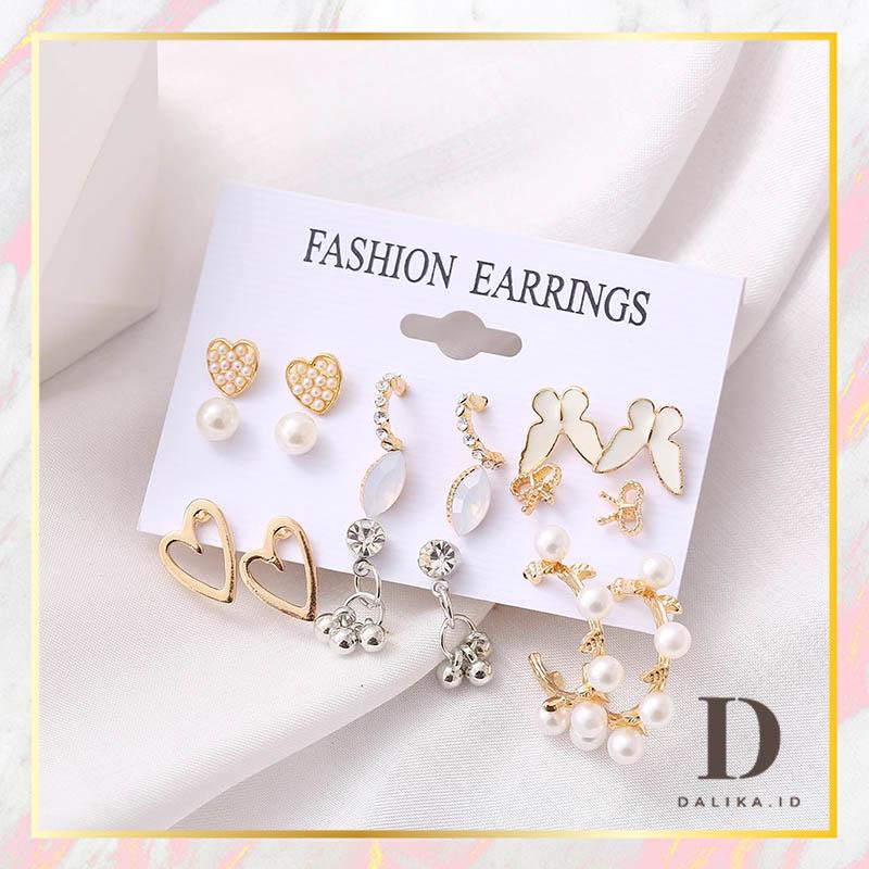 Anting Set Tusuk Korea 9 Pasang Kupu Hati Manik Unik untuk Wanita