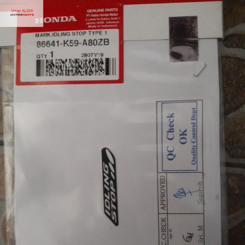 Spare Part Stiker Idling Stop Vario 150 Original Honda 86641-K59-A80ZB
