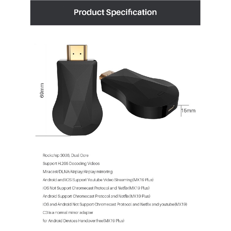 WECAST MX19 Plus - Miracast AirPlay Wireless HDMI Dongle Full HD 1080P