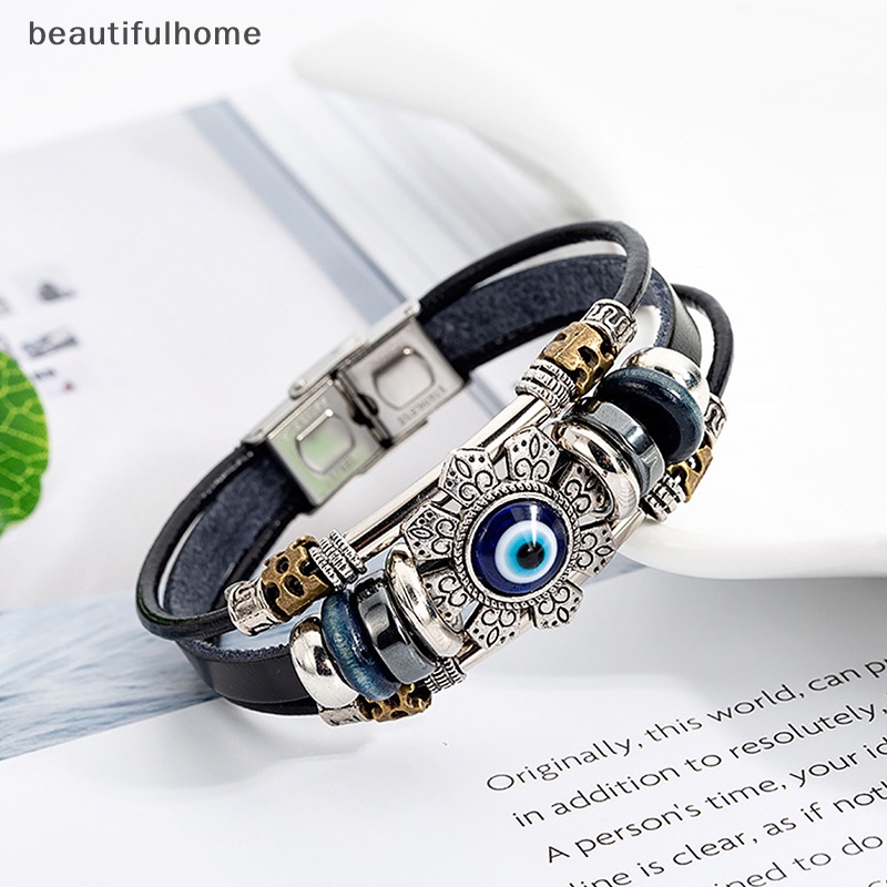 {beautifulhome} Lucky Eye Turkish Evil Eye Bracelets Punk Multilayer Gelang Handmade Kulit.