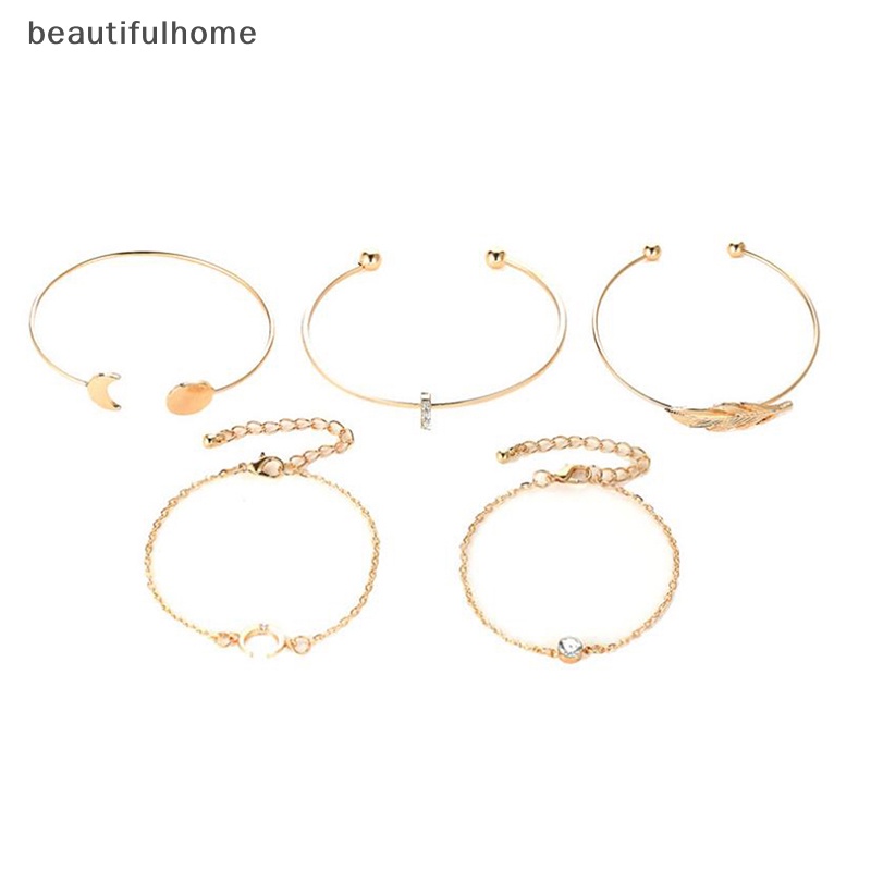 {beautifulhome} 5pcs /set Bohemian Emas Daun Bulan Terbuka Gelang Wanita Pantai Bangle Perhiasan Hadiah.