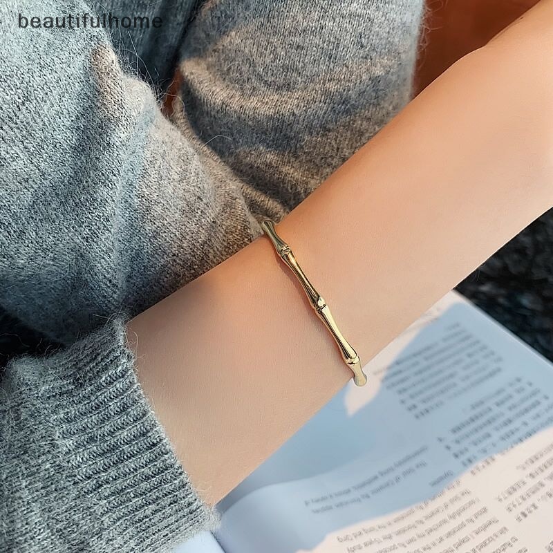 {beautifulhome} Vintage Bambu Bentuk Gelang Bangles Gelang Emas Yang Dapat Disesuaikan Trendi Perhiasan Fashion Wanita Perhiasan Retro Gadis Gelang Yang Tidak Biasa.