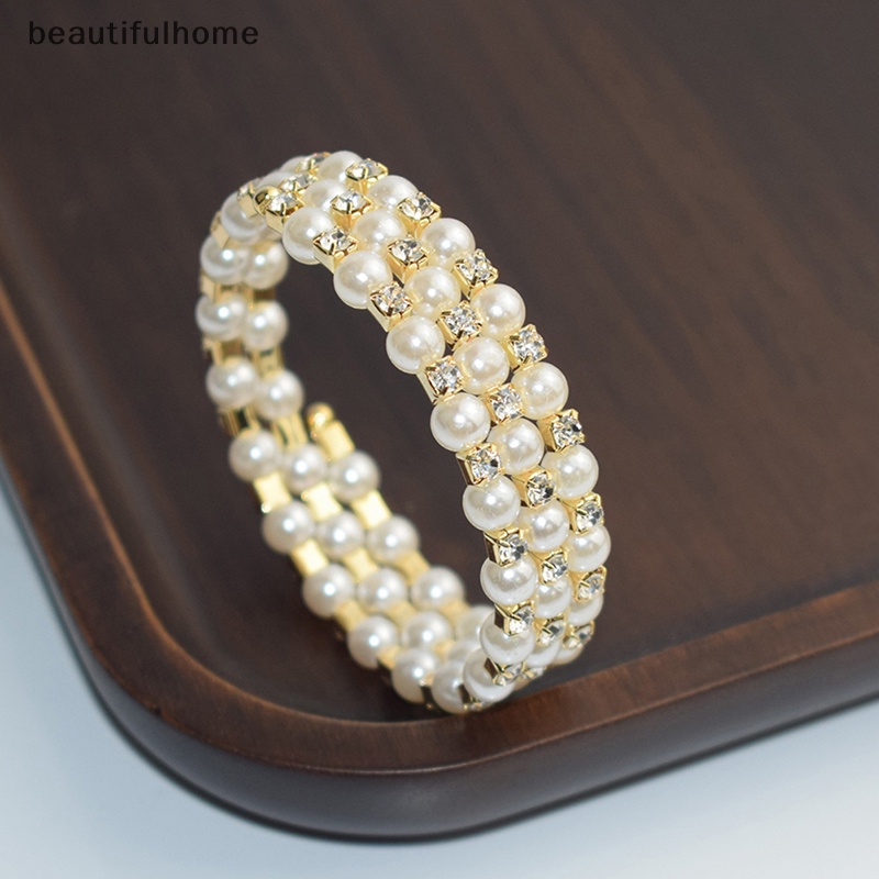 {beautifulhome} Gelang Mutiara Imitasi Kristal Elegan Multilayer Gelang Mutiara Stretchable Pearl Bracelet Untuk Wanita Hadiah Perhiasan Pengantin.