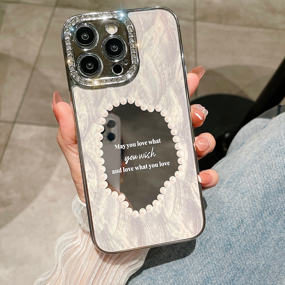 IPHONE Gadis Berlian Berkilau Perhiasan Make Up Cermin Ponsel Case Untuk Iphone13 14 Pro Max14 Plus Mewah Plating Dream Shell Bumper Cove