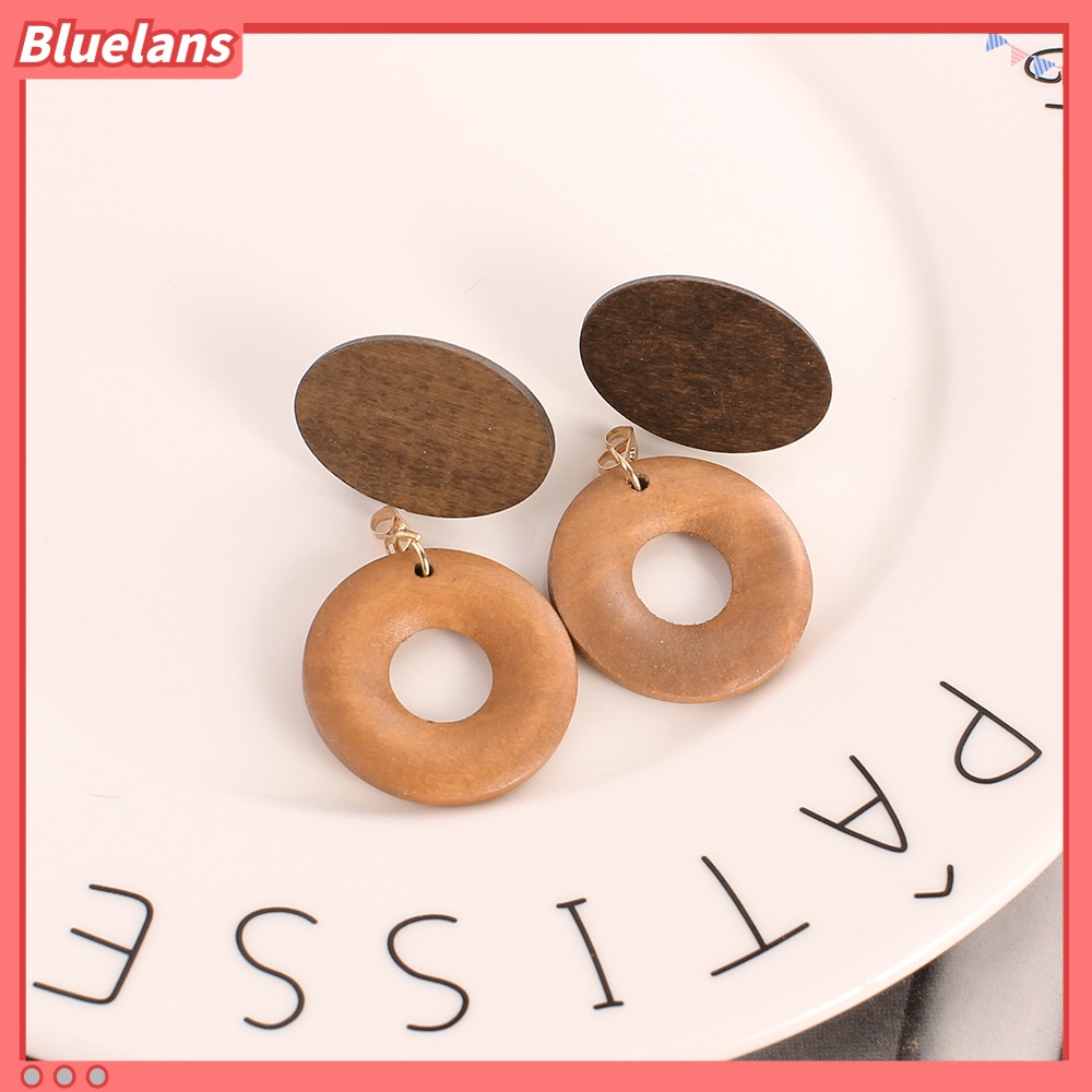 [BLS] Anting Kayu retro Yang Modis fashion Wanita all-match oval ring log earrings Kepribadian Anting Panjang