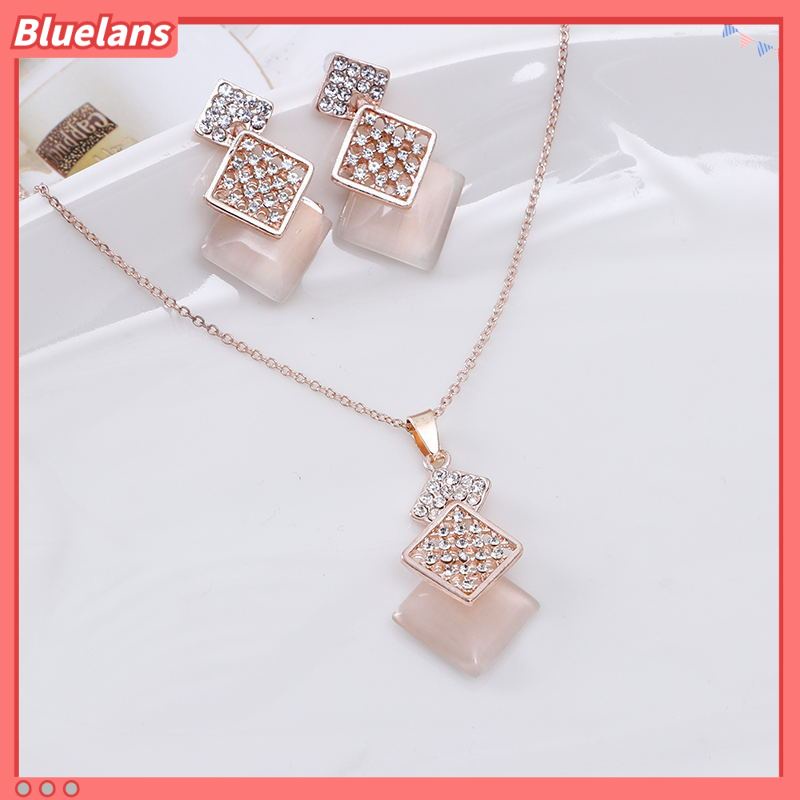 [BLS] Fashion Berongga Persegi Berlian Opal Set Anting Kalung Perhiasan