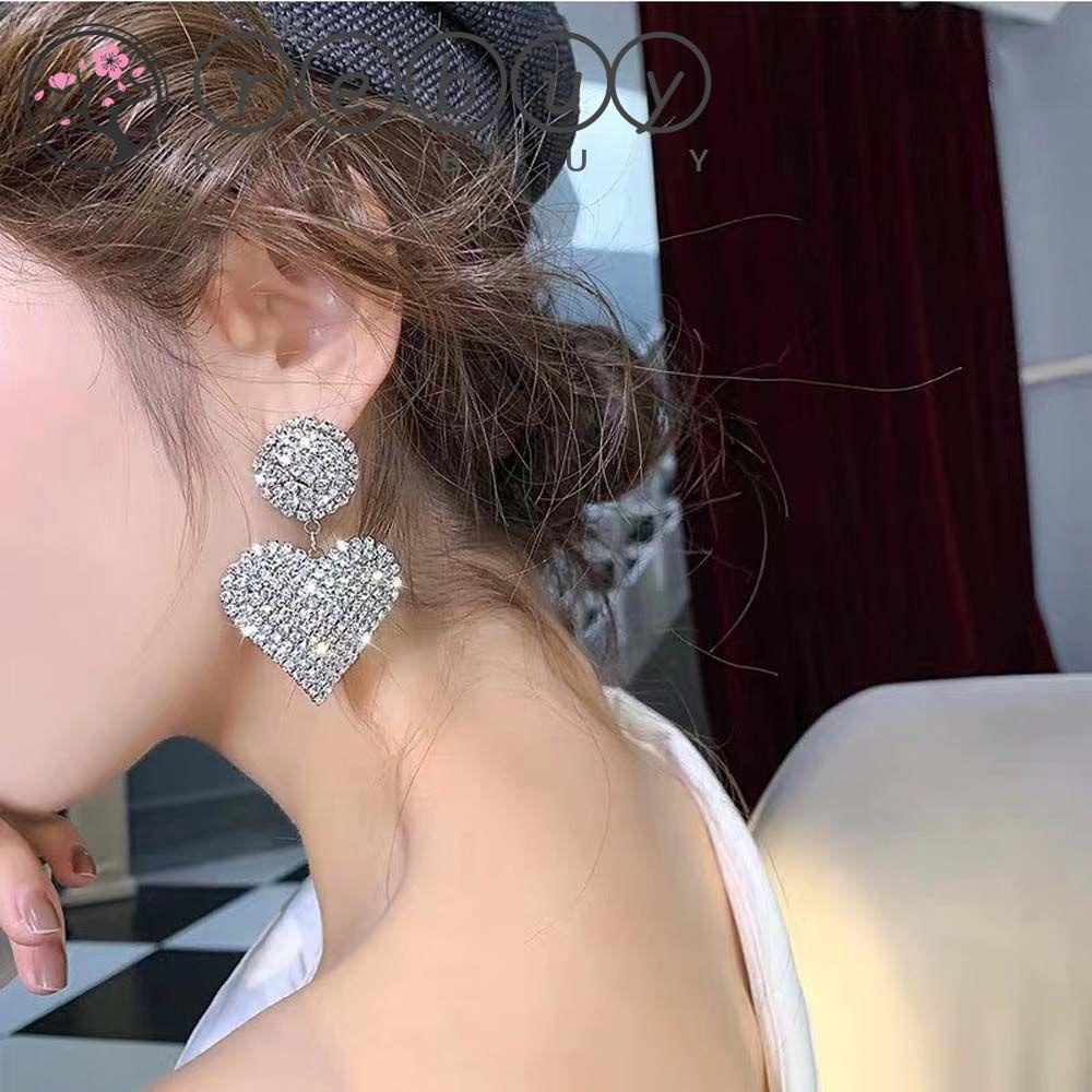 Rebuy Stud Earrings Pesta Pernikahan Fashion Temperamen Aksesoris Cinta Hati Penuh Berlian Imitasi Hadiah Untuk Wanita Shiny Menjuntai Earring