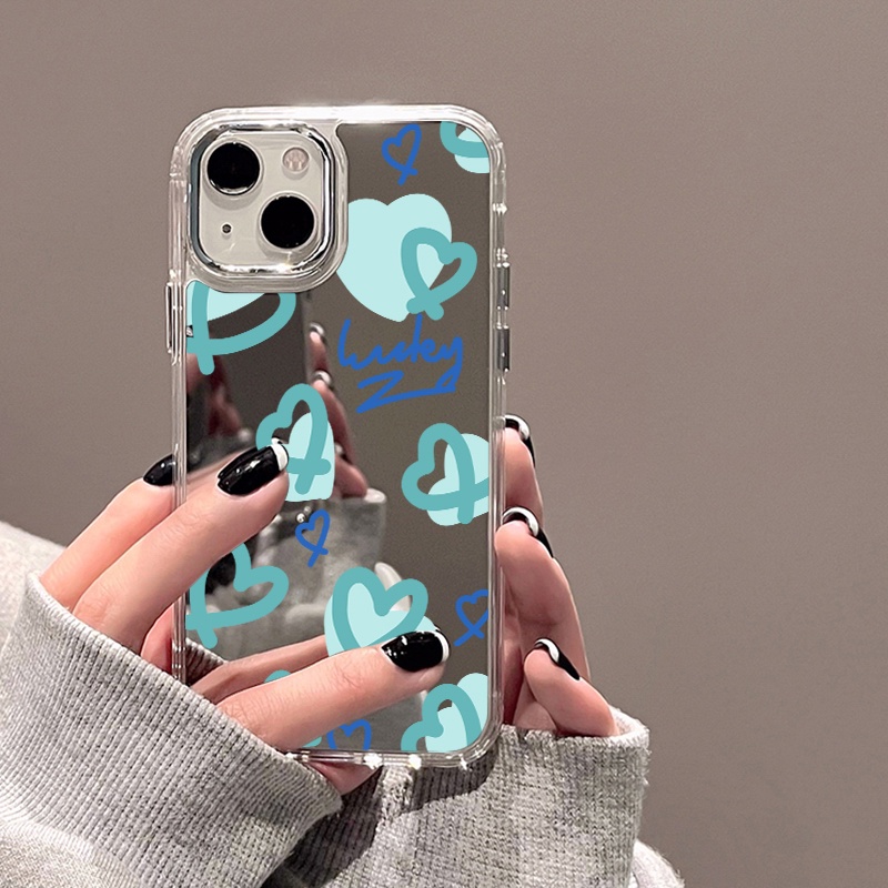 IPHONE Casing Ponsel Cermin Hati Hijau Mint Kompatibel Untuk Iphone11 12 13 14 12Pro 13Pro 14Pro Pro Max XR X XS Max Electroplating Tombol Perlindungan Mirror Cover