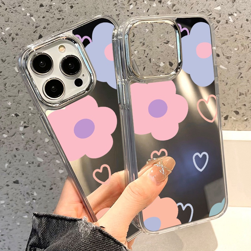 IPHONE Casing Ponsel Cermin Bunga Pink Biru Kompatibel Untuk Iphone11 12 13 14 12Pro 13Pro 14Pro Pro Max XR X XS Max Electroplating Tombol Perlindungan Mirror Cover