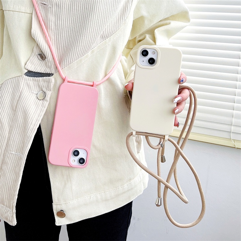 IPHONE Menebal Silikon Anti Rontok Lanyard Cover Cocok Untuk Iphone14 13 12 11 Pro X XS Max XR 78 14 Plus Matte Casing Pelindung Tali Diagonal Soft Case